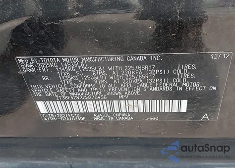 2012 Toyota Rav4 from USA, damaged, VIN 2T3BF4DV3CW270456